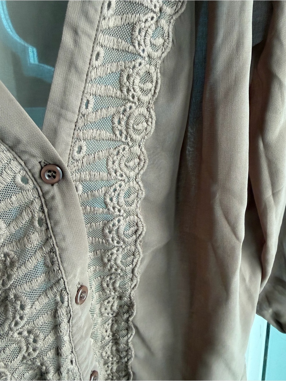 Love Stitch Taupe Lace-Trim Semi-Sheer Blouse - Picture 10 of 13